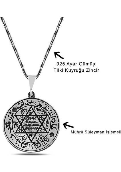Hz Süleyman Mührü Motifli Işlemeli 925 Ayar Gümüş Kolye