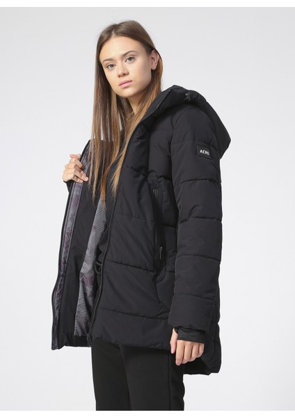 K-Fıona Kapüşonlu Uzun Kol Standart Siyah Kadın Mont