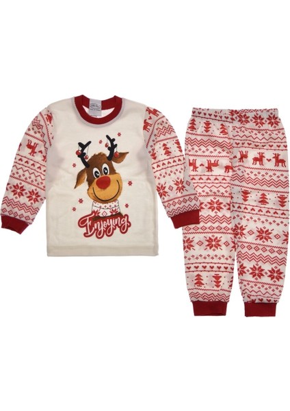 Geyik Desenli Yılbaşı Temalı Unisex Çocuk Pijama Takımı 3-4-5-6-7-8-9 Yaş