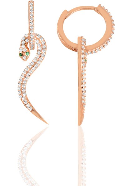 Gümüş Rose Zirkon Taşlı Halkalı Tasarım Yılan Küpe