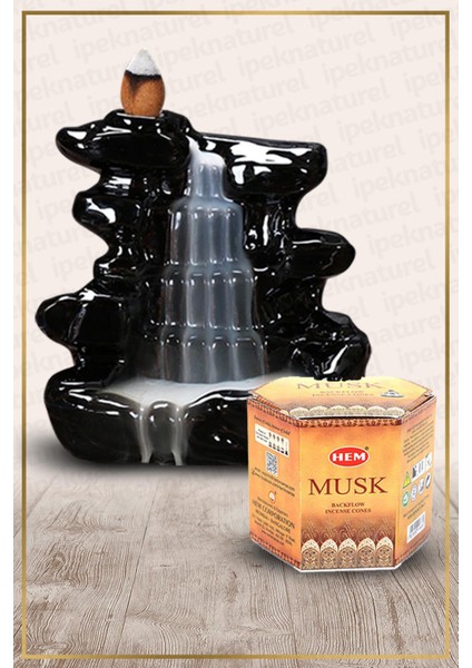 Siyah Şelale Buhurdanlık ve Musk (Misk) Konik Tütsü Set