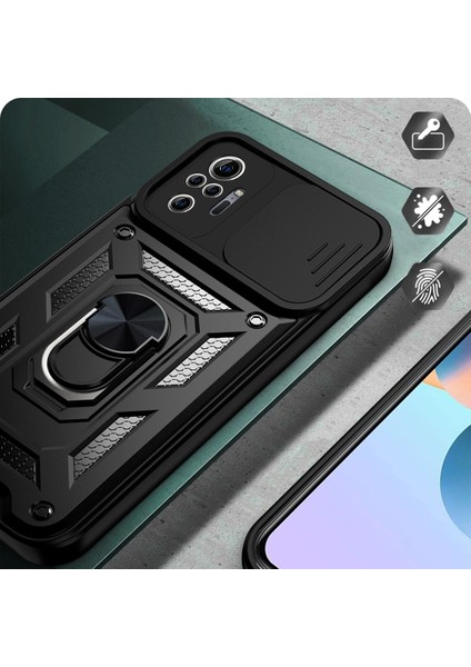 Xiaomi Redmi Note 10/10S Uyumlu Kılıf Kamera Korumalı Sürgülü Yüzüklü Armor Military Tank Zırh