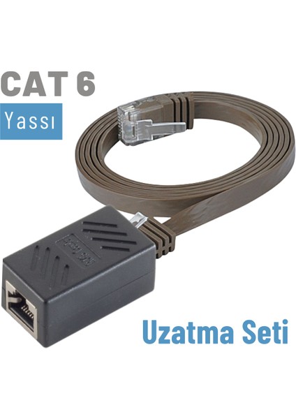 CAT6 Uzatma Seti, Yassı Ethernet Kablo ve Ekleyici, Kahverengi, 10 metre