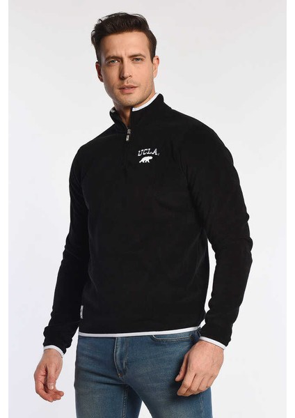 CORNING Siyah Yarım Fermuarlı Nakışlı Polar Erkek Sweatshirt