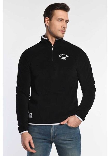 CORNING Siyah Yarım Fermuarlı Nakışlı Polar Erkek Sweatshirt