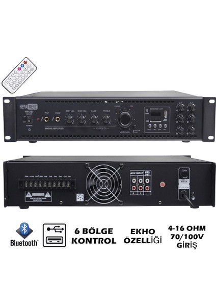 HM250 - 6 Bölgeli Anfi 250 Watt 6 Zone Mikser Amfi Usb Bluetooth