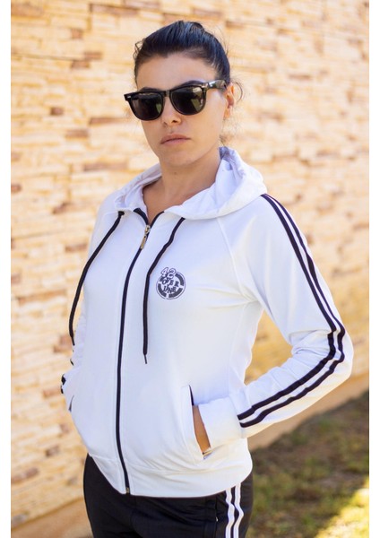 Kadın Beyaz Iki Şeritli Biyeli Fermuarlı Kapüşonlu Spor Eşofman Takımı 21KESTAX11 fiyatları