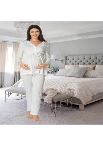 Mayss Colections Effortt 8092 Ekru Renk Hamile Lohusa Pijama Takımı