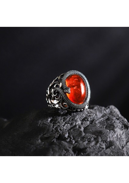 Kehribar Taşlı Yılan Motifli 925 Ayar Gümüş Erkek Yüzük