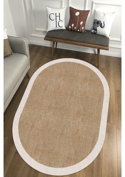 Dijital Baskılı Kaymaz Taban Yıkanabilir Bej Çerçeveli Salon Koridor Jüt Oval Halı YOLLUK-D7024