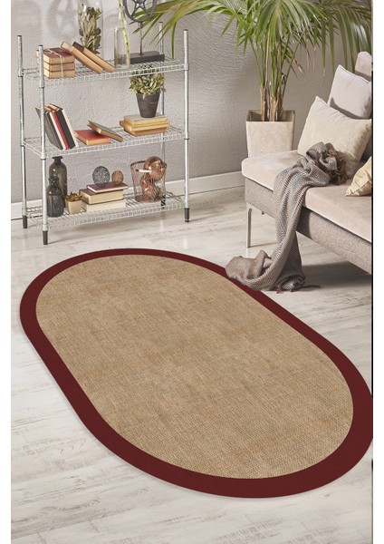 Dijital Baskılı Kaymaz Taban Yıkanabilir Bordo Çerçeveli Salon Koridor Jüt Oval Halı YOLLUK-D7025