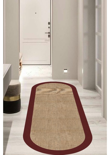 Dijital Baskılı Kaymaz Taban Yıkanabilir Bordo Çerçeveli Salon Koridor Jüt Oval Halı YOLLUK-D7025