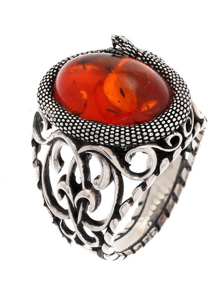 Yılan Motifli Kehribar Taşlı 925 Ayar Gümüş Erkek Yüzük fiyatları