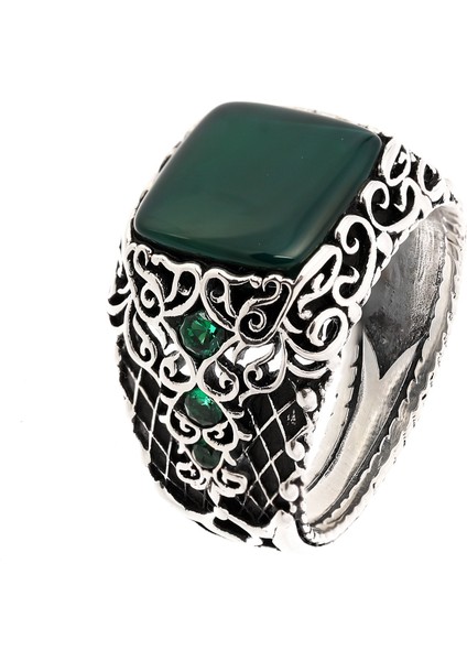 Yeşil Akik Taşlı Mikro Taş Detaylı Usta Işi 925 Ayar Gümüş Erkek Yüzük fiyatları
