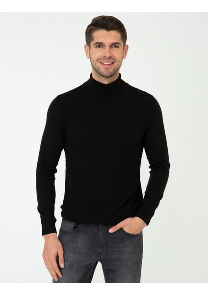 Erkek Siyah Slim Fit Balıkçı Yaka Triko Kazak 50248530-VR046