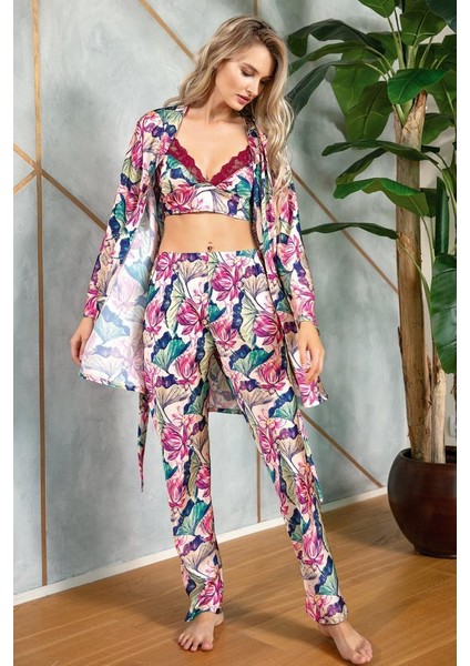 5627 Saten Çiçek Baskılı Sabahlık Balensiz Desteksiz Dolgusuz Dantelli Bralet Sütyen ve Pantolon Pijama 3'lü Takım