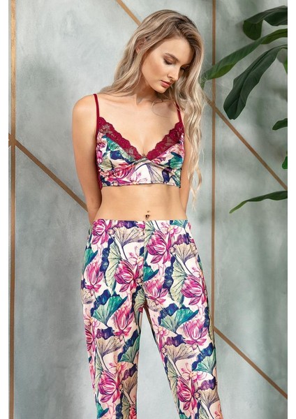 5627 Saten Çiçek Baskılı Sabahlık Balensiz Desteksiz Dolgusuz Dantelli Bralet Sütyen ve Pantolon Pijama 3'lü Takım modelleri