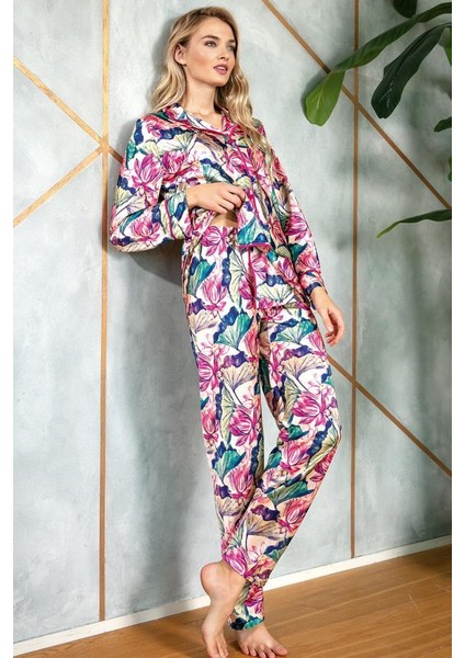 Saten Çiçek Baskılı Uzun Kol Gömlek ve Pantolon Pijama Takım 9724