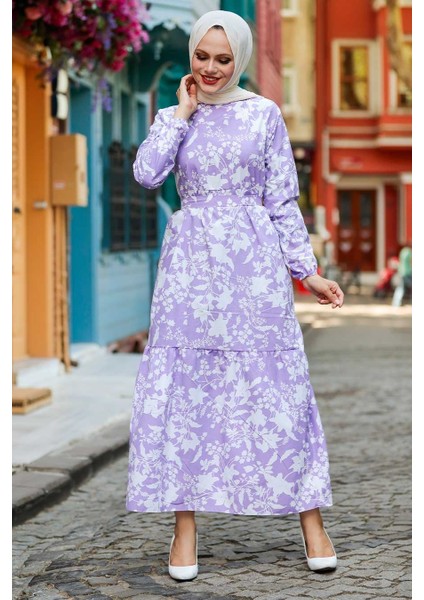 - Desenli Lila Tesettür Elbise 25964LILA