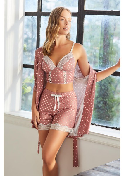 5606 Bayan Pijama Sabahlık Büstiyer Şort 3lü Takım