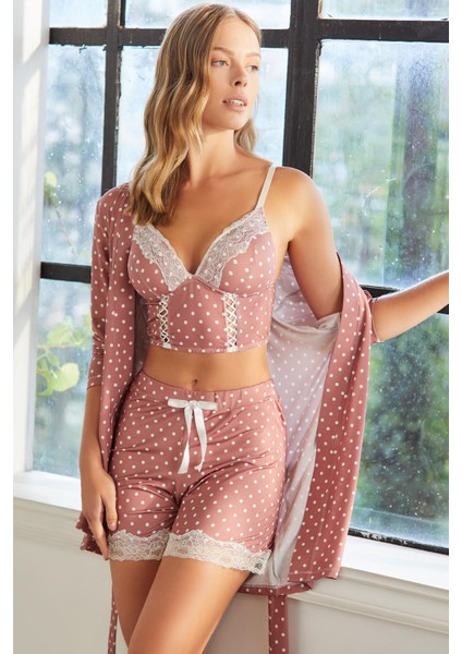 5606 Bayan Pijama Sabahlık Büstiyer Şort 3lü Takım