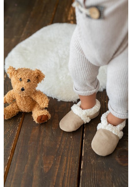Suni Yünlü Peluş Ekru Süet Kaydırmaz Taban Patik