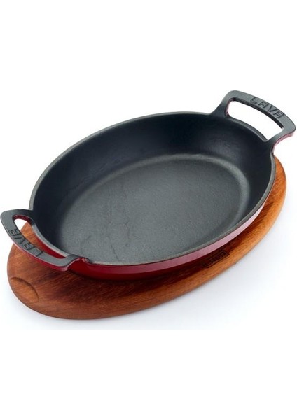 Oval Kulplu Tava Ahşap Altlıklı 27 x 20 cm. Kırmızı