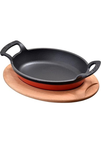 Oval Kulplu Tava Ahşap Altlıklı 27 x 20 cm. Kırmızı fiyatları