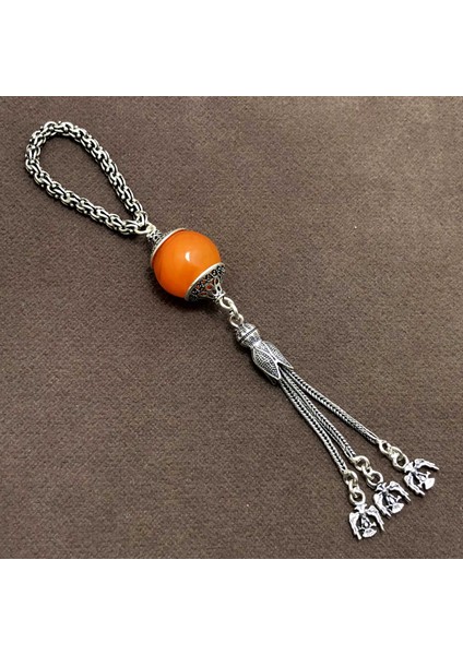 Toz Kehribar Taşlı Özel Tasarım Gümüş Anahtarlık