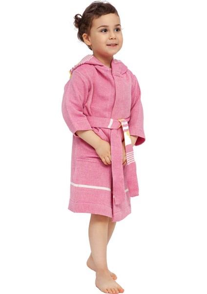 Pembe-Sarı Çizgili %100 Organik Pamuk Çocuk Bornoz Kız/Erkek 5-7 Yaş fiyatları