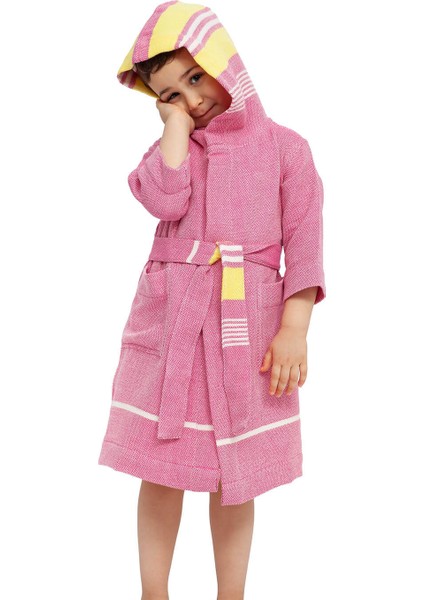 Pembe-Sarı Çizgili %100 Organik Pamuk Çocuk Bornoz Kız/Erkek 5-7 Yaş modelleri