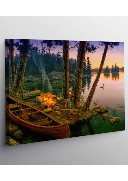 Romantik Arka Plan Göl Ağaçları Tekne Ateşi Kanvas Tablo fiyatları