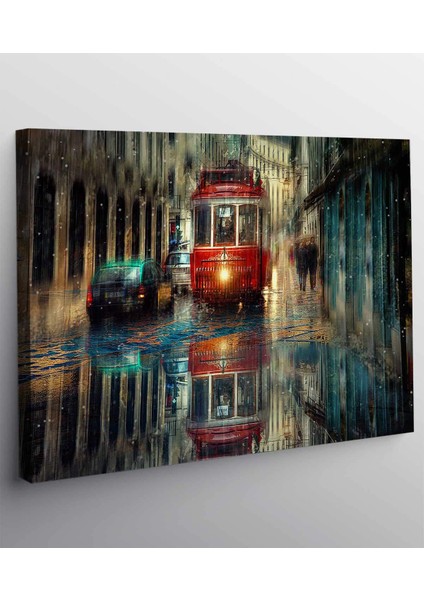 Büyük Retro Tramvay Rain Şehir Sokak Kanvas Tablo