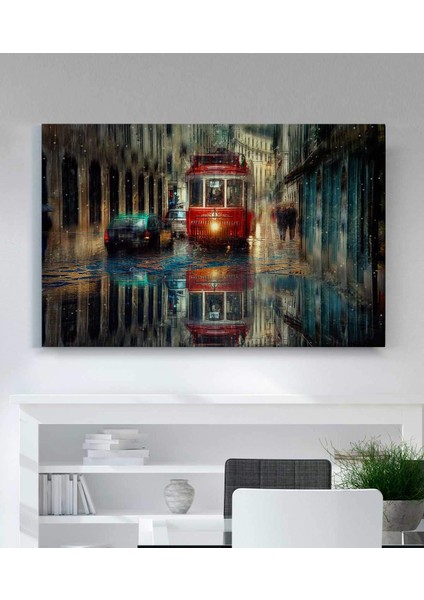 Büyük Retro Tramvay Rain Şehir Sokak Kanvas Tablo fiyatları
