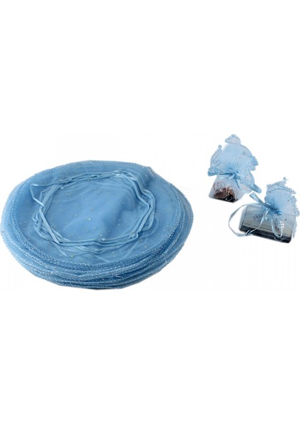 100 Adet Mavi Tül Kese Yuvarlak Büzgülü Pullu Hediyelik Kese