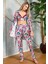 5627 Saten Çiçek Baskılı Sabahlık Balensiz Desteksiz Dolgusuz Dantelli Bralet Sütyen ve Pantolon Pijama 3'lü Takım 1