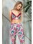 5627 Saten Çiçek Baskılı Sabahlık Balensiz Desteksiz Dolgusuz Dantelli Bralet Sütyen ve Pantolon Pijama 3'lü Takım 3