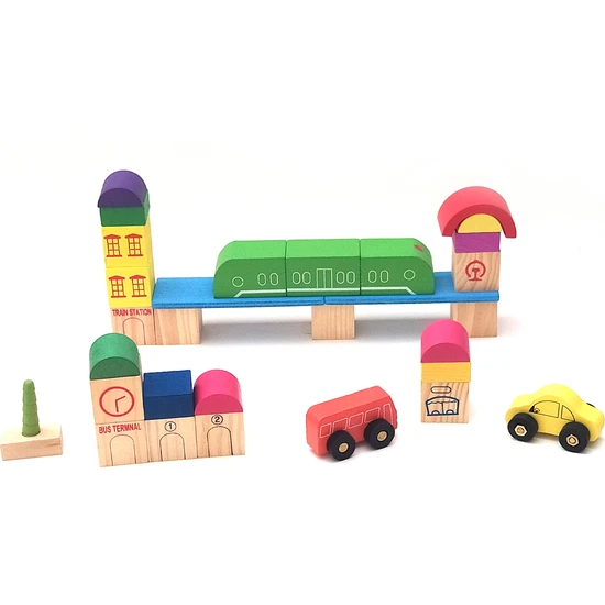 Wood Toys 30 Parçalık Ahşap Zeka Geliştirici Eğlenceli Hayal Gücü Geliştirecek Küçük Şehir Merkezi Kurma Oyunu