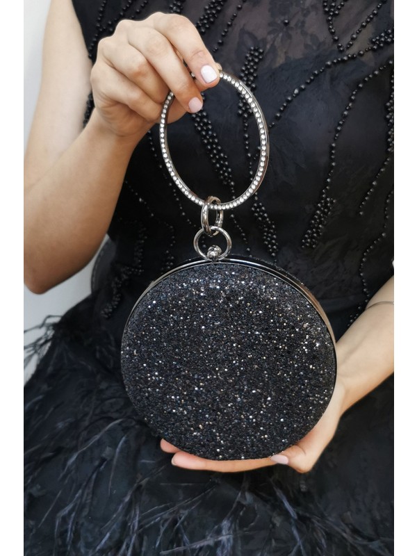 Nazart Kadın Pullu Siyah Abiye Clutch Portföy Kadın Gece Çantası