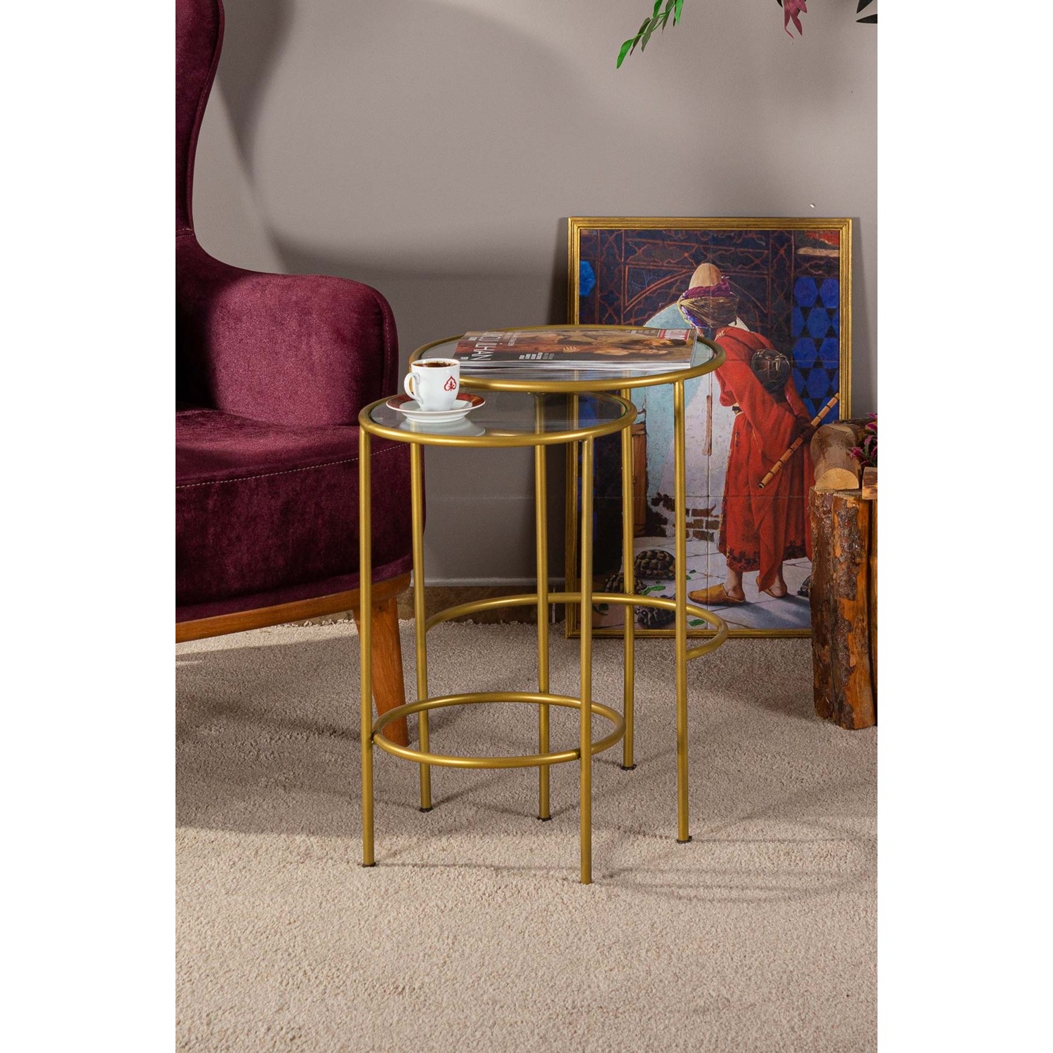 Tino Furniture Lotus Şeffaf Camlı Gold Zigon Yan Sehpa Fiyatı