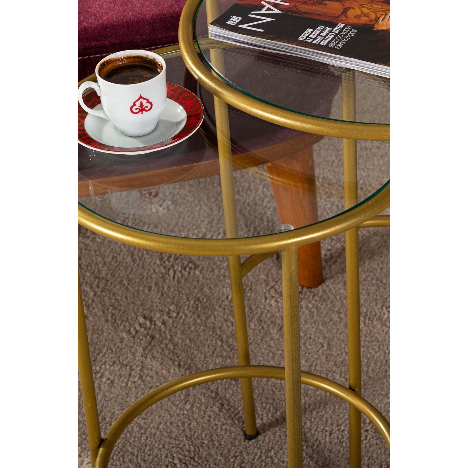 Tino Furniture Lotus Şeffaf Camlı Gold Zigon Yan Sehpa Fiyatı