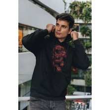 Relax Family Xf Erkek Siyah Dragon Baskılı Kapüşonlu Sweatshirt