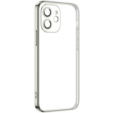 Case 4U Apple iPhone 12 Kılıf Kamera Lens Koruyucu Renkli Kenar Elektroplatin Kaplama Darbeye Dayanıklı Şeffaf Yüzey Krep Kapak Gümüş