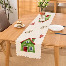 Real Homes Minyatür Yeşil Ev Çizimli Dijital Baskılı Modern Runner