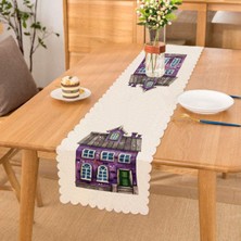 Real Homes Minyatür Mor Ev Çizimli Dijital Baskılı Modern Runner