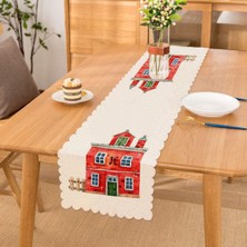 Real Homes Minyatür Kırmızı Ev Çizimli Dijital Baskılı Dekoratif Runner