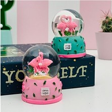 Mobgift Renkli Flamingo Mini Boy Kar Küresi 2’li Set Turkuaz-Pembe Polyester ve Cam Malzemeden Üretilmiştir