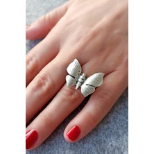 Fildişi Aksesuar Antik Gümüş Kaplama Kelebek Şekilli El Yapımı Ayarlanabilir Yüzük