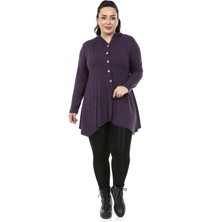 Disentis Modest Büyük Beden Asimetrik Kesim Kapüşonlu Sahte Düğme Detaylı Yün Viskon Mürdüm Bluz