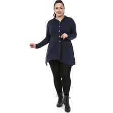 Disentis Modest Büyük Beden Asimetrik Kesim Kapüşonlu Sahte Düğme Detaylı Yün Viskon Lacivert Bluz